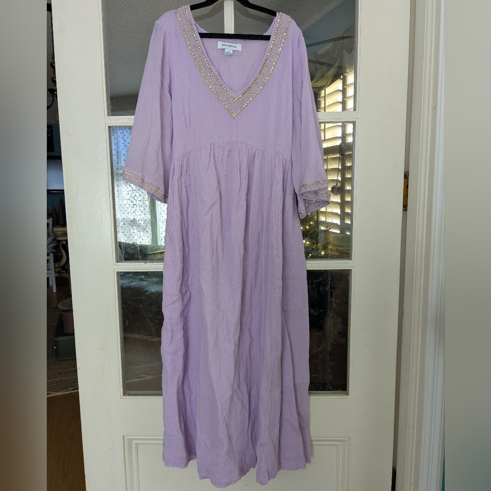 April Cornell Lavender V Neck Cotton Maxi Dress With Gold Embroidery Size Small - Picture 2 of 7